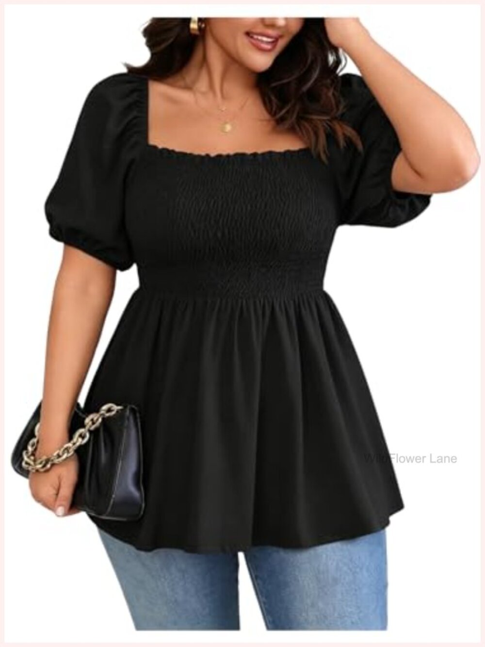 Women's Plus Size Smocked Peplum Blouse Ruffle Puff Sleeve